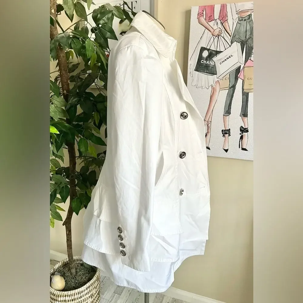 Calvin Klein Dressy White Ruffle Double Breasted Trench Coat Size Medium - Picture 5 of 9